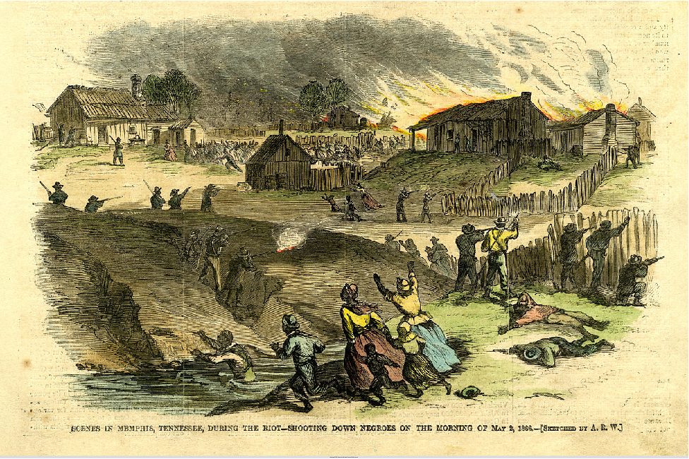 The illustration shows several men scattered throughout a rural town using rifles to shoot at black people. Multiple groups of black women and children run throughout the illustration. Several black men lie on the ground dead. Several buildings are on fire.