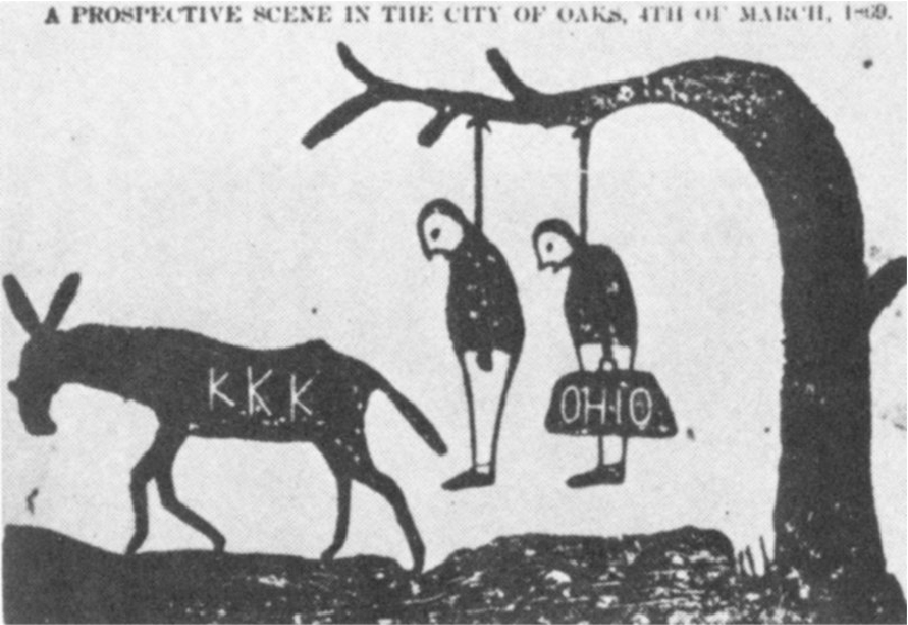 The cartoon shows two white men hanging from a tree by their necks. One of them holds a bag that is labeled 