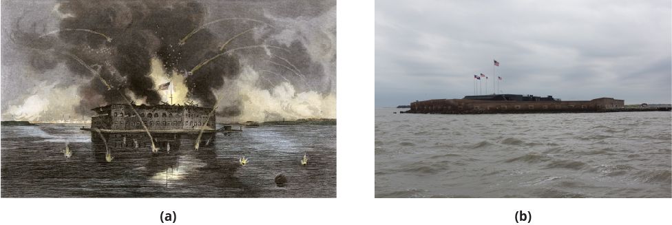 Figure (a) shows Fort Sumter surrounded by water. The fort is at least two stories tall and the top of it is on fire. An American flag flies above the fort. Cannon balls fly through the air. Many land in the water. Figure (b) shows Fort Sumter with a bridge to its right side. The fort has multiple flags flying over it. The walls are one story high.