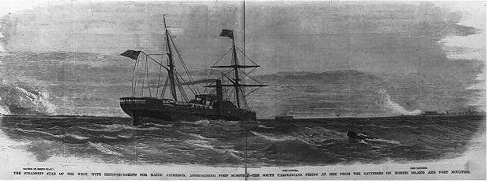 The figure shows a steamship on the sea.