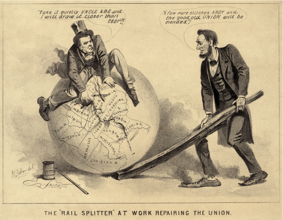 The cartoon shows Johnson sitting on top of a globe beside a large needle and thread. Across the United States running south to north there is a seam. Johnson says 