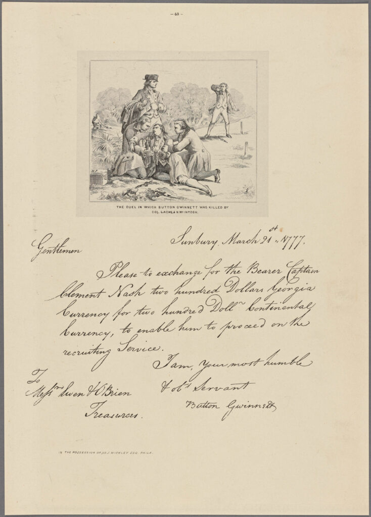 The duel in which Button Gwinnett was killed by Lachlan McIntosh