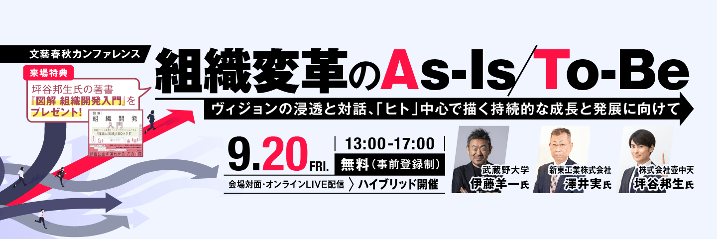 ＜組織変革のAs-Is／To-Be＞伊藤羊一氏（「僕たちのチーム」のつくりかた著者）、澤井 実氏（新東工業 人事部部長）、坪谷 邦生氏（「図解 組織開発入門」 著者）登壇