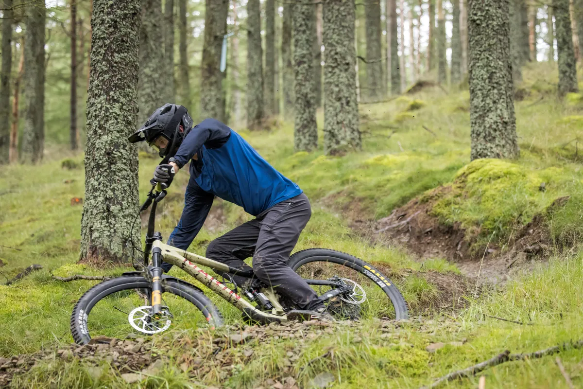 RockShox Vivid Ultimate mountain bike rear shock fitted to a Marin Alpine Trail XR enduro mountain bike ridden by Alex Evans on a trail called Angry Sheep in Scotland's Tweed Valley.