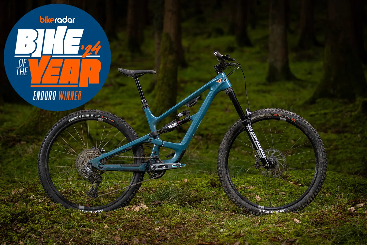 YT Capra Core 4 29 with overlay badge reading BikeRadar Bike of the Year '24 Enduro Winner.