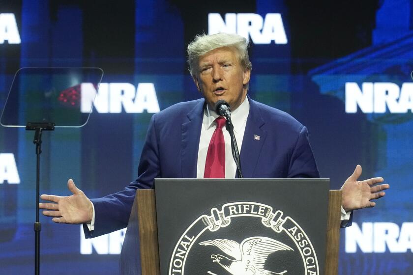 FILE - Former President Donald Trump speaks during the National Rifle Association Convention, April 14, 2023, in Indianapolis. Trump is expected to address thousands of members of the NRA in Texas Saturday, May 18, 2024, a day after campaigning in Minnesota in the midst of his hush money trial. Trump has pledged to continue to defend the Second Amendment and has called himself "the best friend gun owners have ever had in the White House." (AP Photo/Darron Cummings, File)