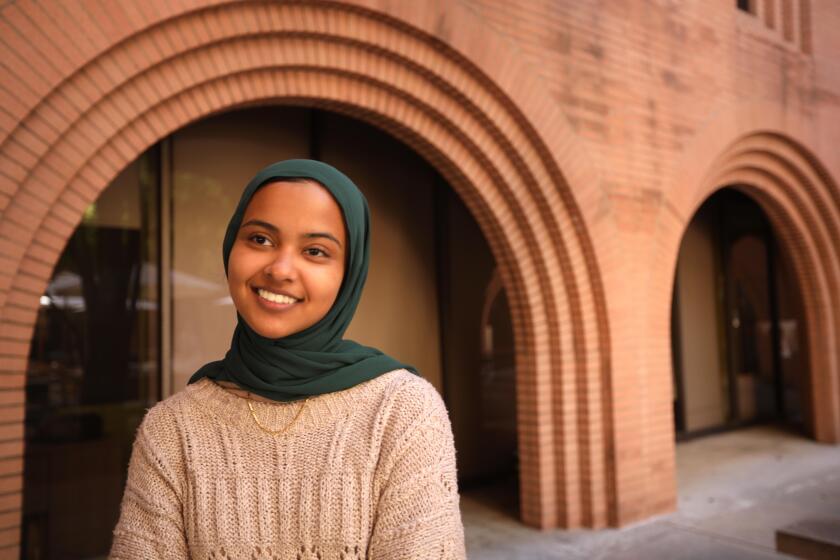 LOS ANGELES, CA - APRIL 16, 2024 - Asna Tabassum, a graduating senior at USC, was selected as valedictorian and offered a traditional slot to speak at the 2024 graduation. After on-and-off campus groups criticized the decision and the university said it received threats, it pulled her from the graduation speakers schedule. Tabassum was photographed on the USC campus on April 16, 2024. (Genaro Molina/Los Angeles Times)