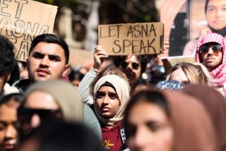 Los Angeles, California - April 18: USC students participate in a silent march in support of Asna Tabassum, whose graduation speech has been cancelled by USC administration at University of Southern California on Thursday, April 18, 2024 in Los Angeles, California. Asna Tabassum, a graduating senior at USC, was selected as valedictorian and offered a traditional slot to speak at the 2024 graduation. After on-and-off campus groups criticized the decision and the university said it received threats, it pulled her from the graduation speakers schedule.(Wally Skalij / Los Angeles Times)