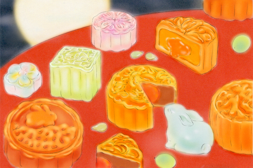 Mooncakes illustrated against a red table