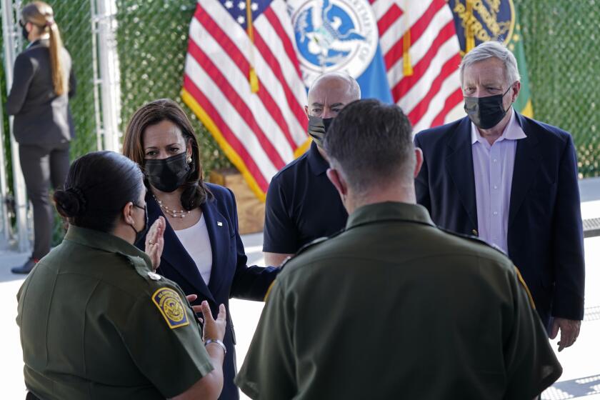 Vice President Kamala Harris talks to Gloria Chavez, Chief Patrol Agent of the El Paso Sector, as she tours the U.S. Customs and Border Protection Central Processing Center, Friday, June 25, 2021, in El Paso, Texas, with from left Homeland Security Secretary Alejandro Mayorkas and Sen. Dick Durbin. (AP Photo/Jacquelyn Martin)