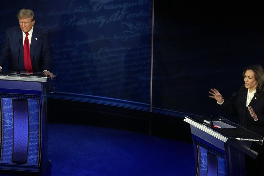 Republican presidential nominee former President Donald Trump and Democratic presidential nominee Vice President Kamala Harris participate during an ABC News presidential debate at the National Constitution Center, Tuesday, Sept.10, 2024, in Philadelphia. (AP Photo/Alex Brandon)