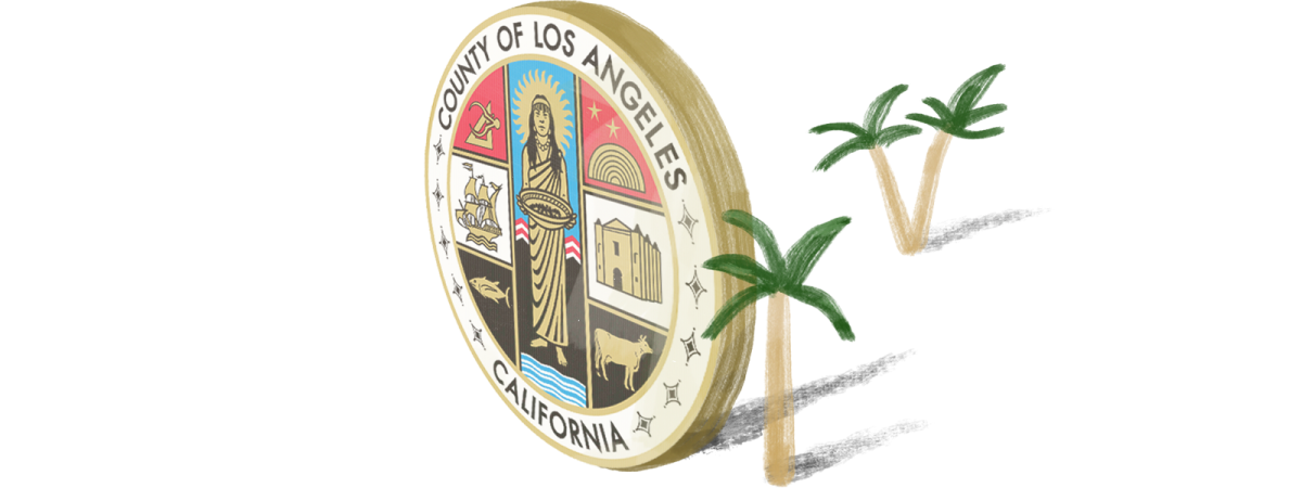 Illustration of the Los Angeles County seal with some palm trees around it