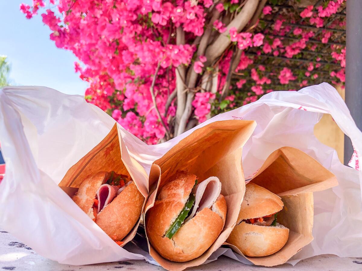 Banh mi (and springtime bloom) outside Mr. Baguette in Rosemead.