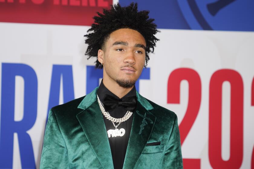 Jalen Hood-Schifino arrives before the NBA basketball draft at Barclays Center, Thursday.