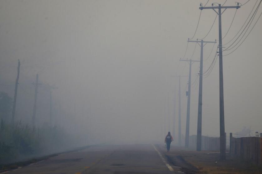 FILE - A person walks on the BR-319 highway through smoke from a forest fire that reaches Careiro Castanho in Brazil's Amazonas state, Sept. 6, 2023. (AP Photo/Edmar Barros, File)