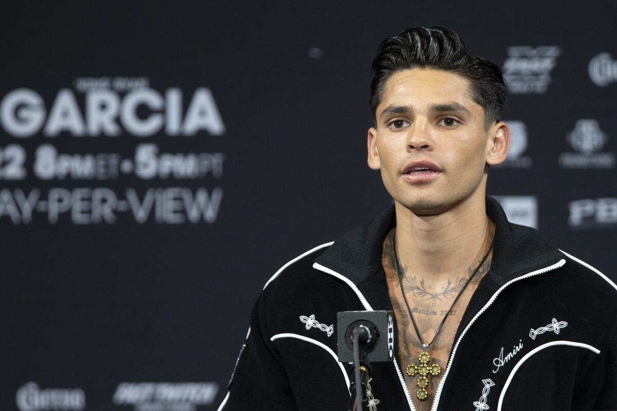 Super lightweight boxer Ryan Garcia speaks during a news conference at the MGM Grand in April.