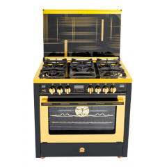 MG Gold Black Golden Inox Cooker 60*90 cm 5 Burners Cast Iron 2 Fan Full Safety SA9008