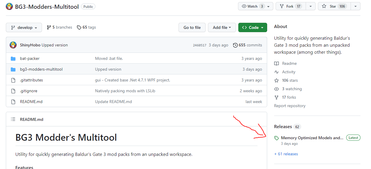 Screenshot of the Multitool's GitHub Repo, with a red arrow pointing to the releases section on the right side of the page.