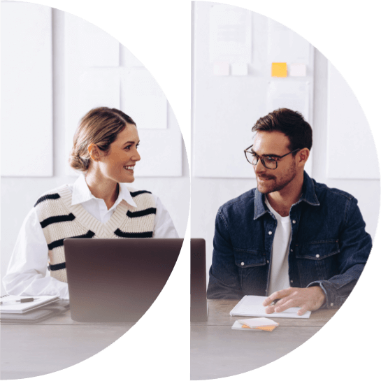 Two pictures of a man and a woman sitting at a desk.