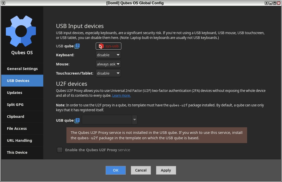 Qubes Global Config からUSBキーボードやマウスの使用禁止・許可の設定を行う