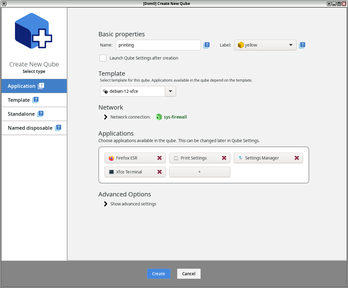 Create New QubeからDebianベースの printing キューブを作成
