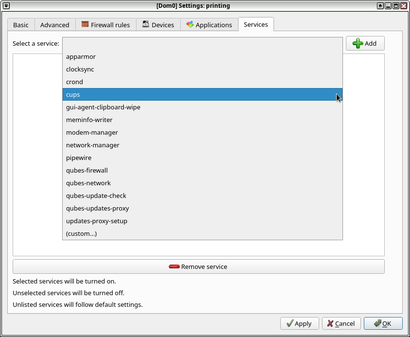 printing キューブの Settings ウィンドウからServices タブをクリックしてCUPSを選ぶ