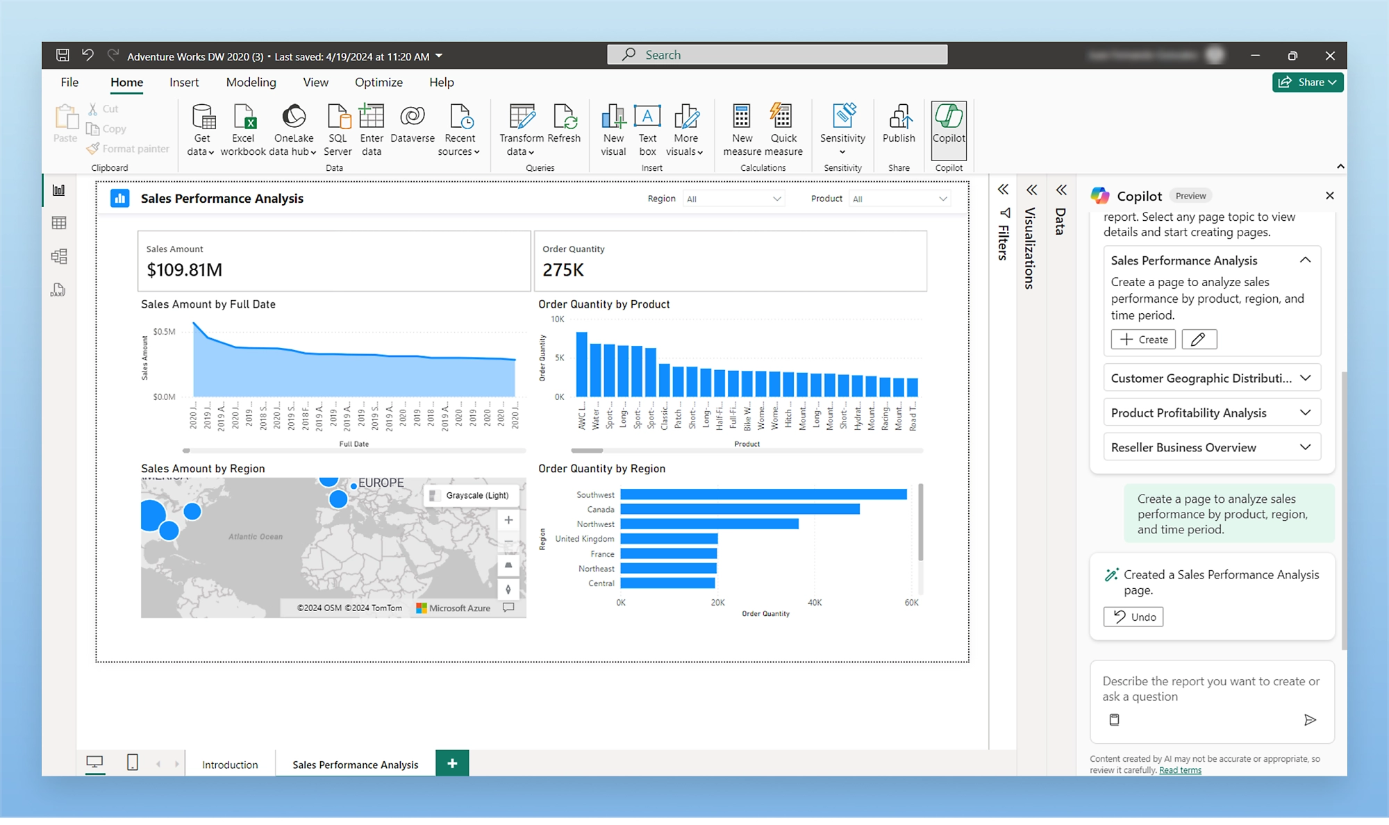Captura de pantalla del panel en la que se muestran diferentes métricas y gráficos para el análisis del rendimiento de ventas en función de la cantidad de ventas y la cantidad de pedidos