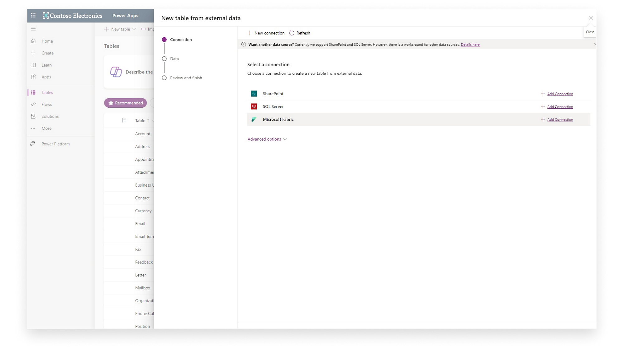 Power Apps de Contoso Electronics: Nueva tabla a partir de datos externos, revisión de datos de conexión, selección de conexión de SharePoint o SQL