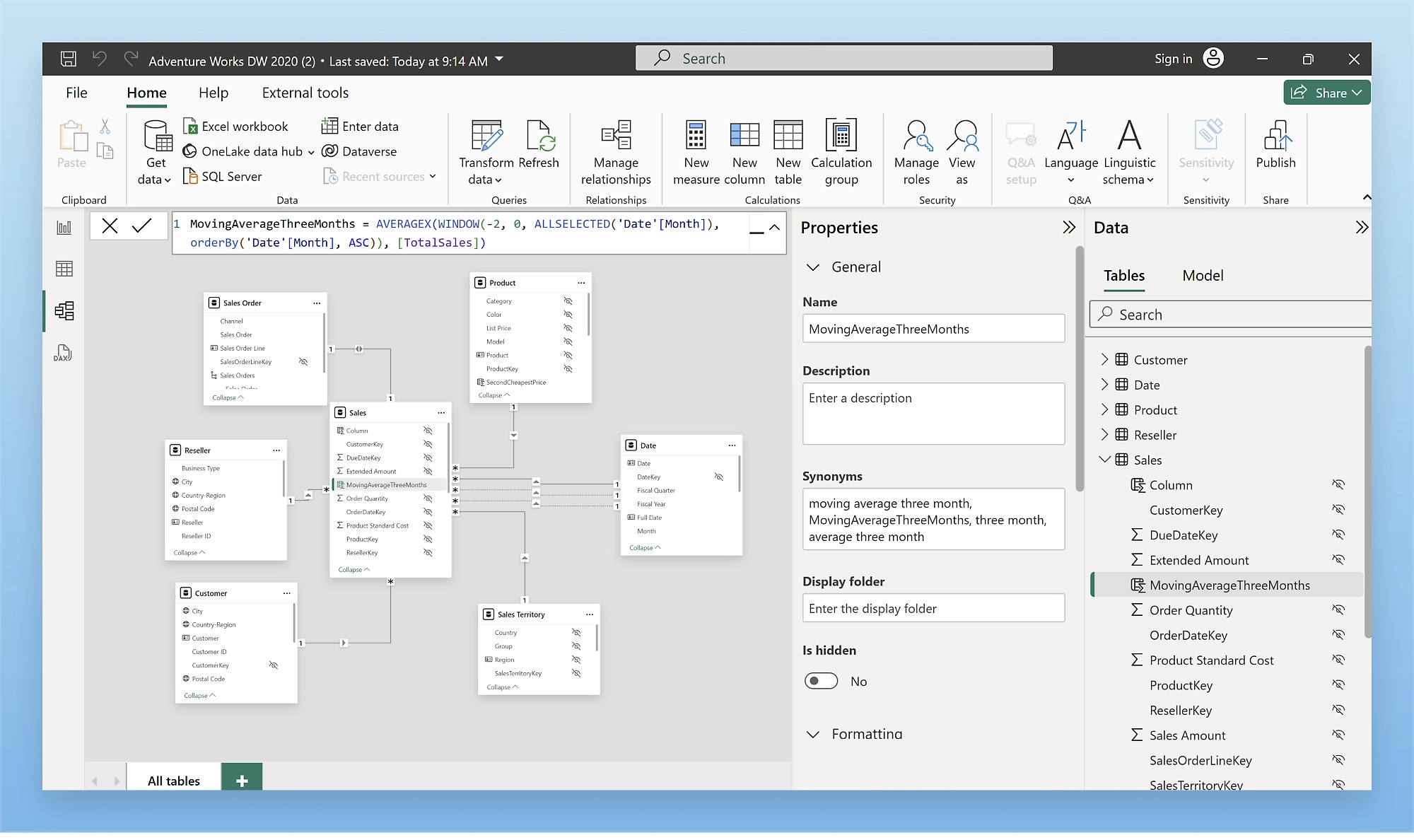 Recorte de pantalla de una interfaz de modelo de datos en Power BI Desktop. Varias tablas están conectadas por relaciones.