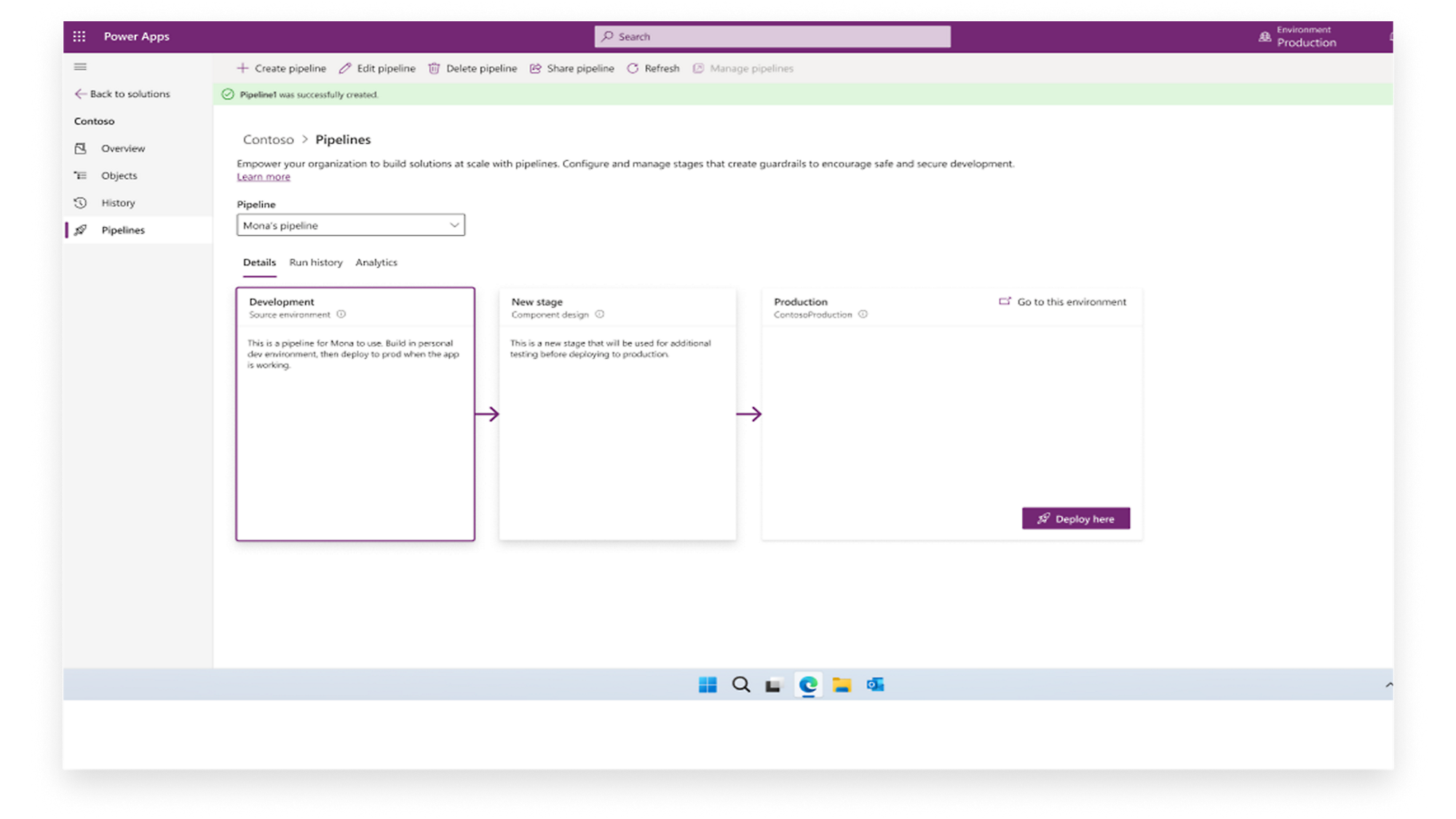 Power Apps: Cree una canalización de Contoso, detalle el desarrollo y la nueva fase de producción.