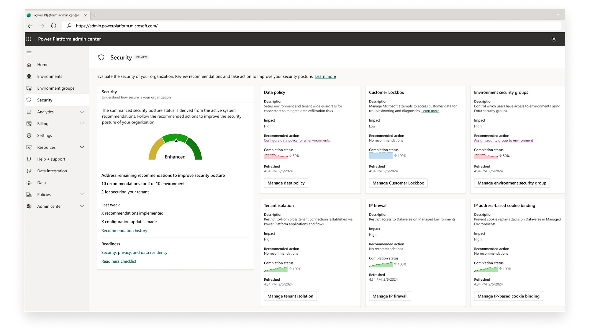 Centro de administración de Power Platform, Centro de administración de seguridad, X recomendaciones, X actualizaciones de configuración, historial de recomendaciones, preparación, recomendado, seguridad, privacidad y residencia de datos,