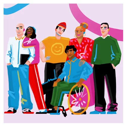 Diverse group of six adults, colorfully illustrated