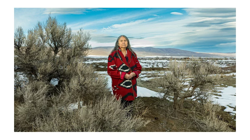 Native American woman with a desert in the background.