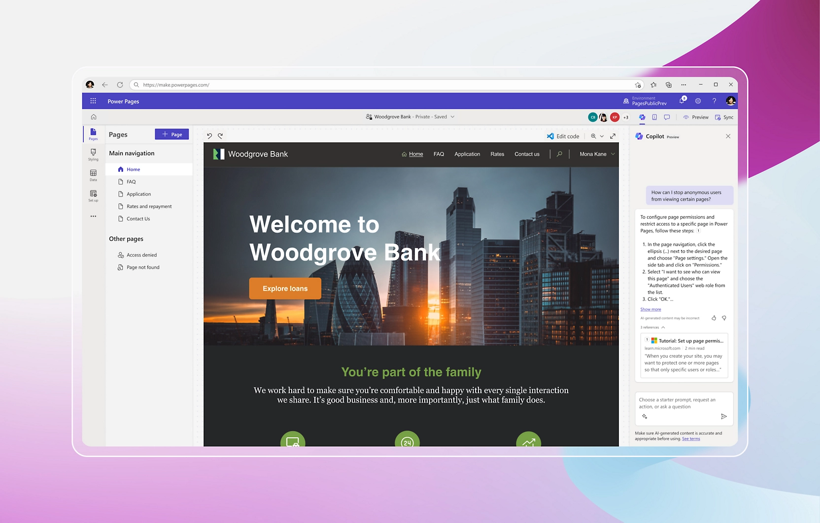 Captura de pantalla del sitio web de Woodgrove Bank