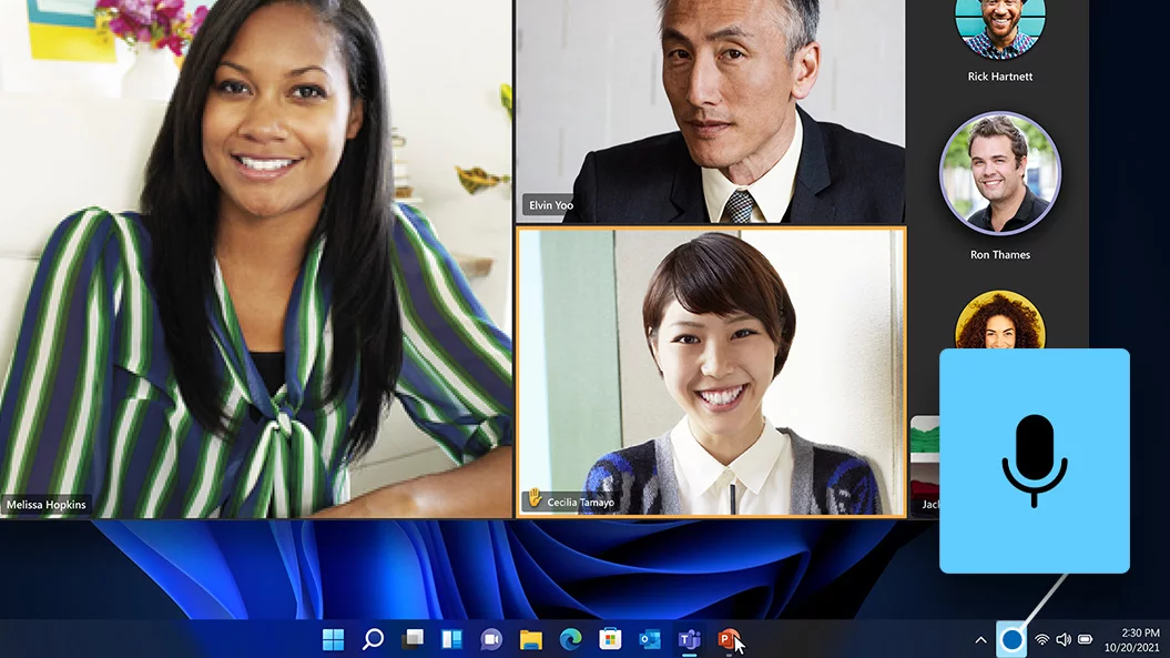 Capture d’écran d’une vidéoconférence dans Windows 11 avec l’icône du micro agrandie dans le coin inférieur droit de l’écran pour mettre en avant la fonction d’activation et de désactivation à partir de la barre des tâches