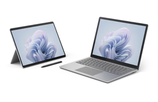 畫面顯示 Surface Pro 與 Surface 手寫筆，以及旁邊的 Surface Laptop