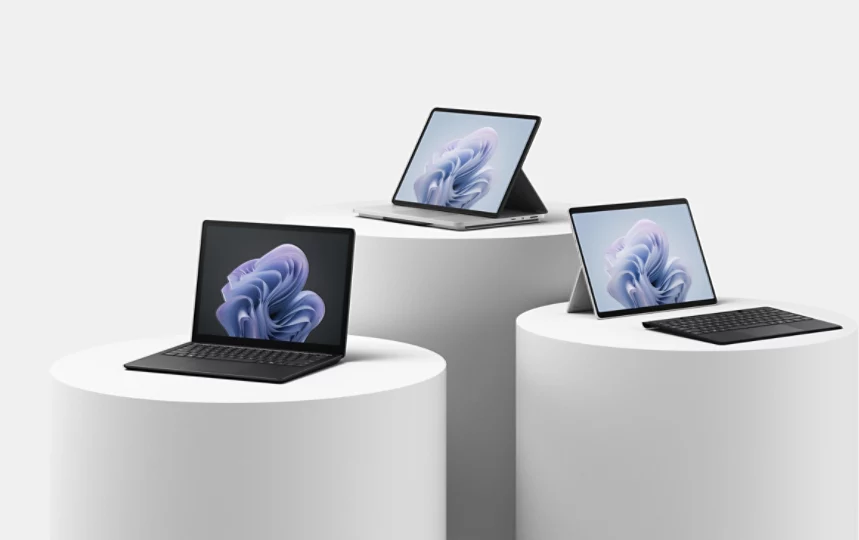 畫面顯示 Surface Laptop Studio 2、Surface Pro 10 和 Surface Laptop 6 高度不同的基座上。