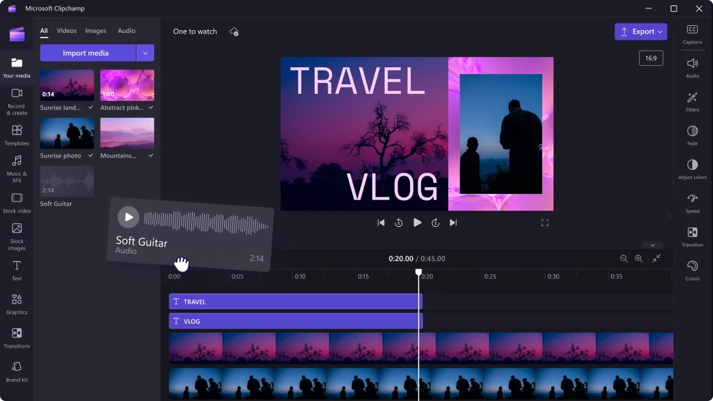 Schermata di Microsoft Clipchamp con contenuti multimediali per creare un vlog di viaggio