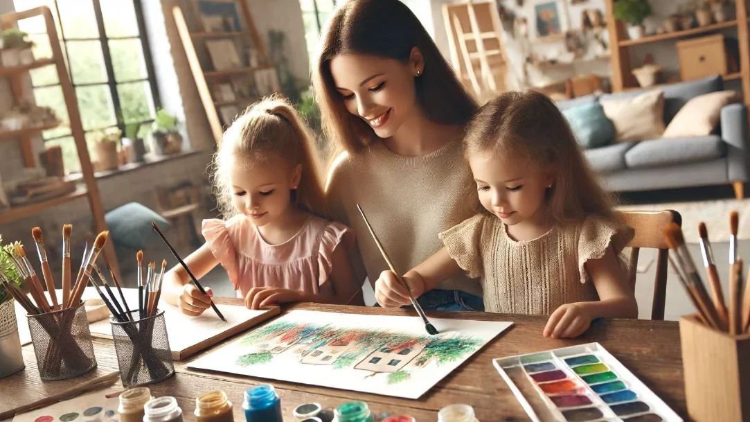 Mother and two daughters crafting together