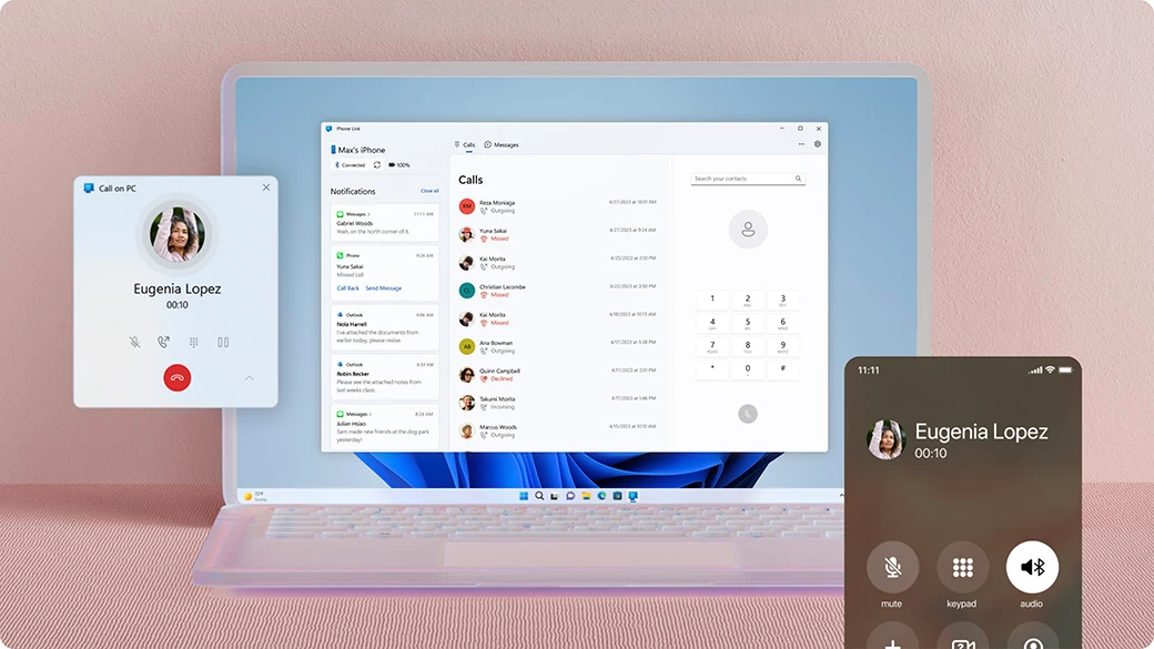 Fenêtres Mobile connecté avec appel sur PC