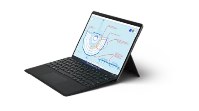 Surface Pro Signature キーボード と Surface スリム ペン 2 を使用するノート PC モードの Surface Pro 8