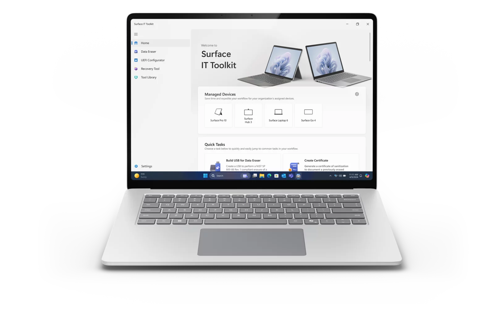 Vista anteriore di un dispositivo Surface Laptop aperto; sullo schermo è visualizzato il Toolkit IT per Surface.