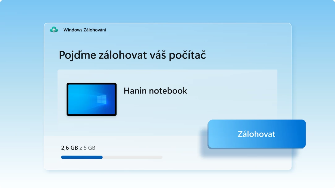 Obrazovka Windows Zálohování zobrazující stav zálohování