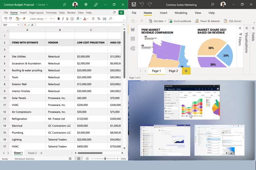 Na obrazovce zařízení Surface Laptop 5 je zobrazeno rozvržení přichycení aplikací PowerPoint a Excel