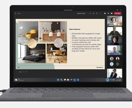 Microsoft Presenter Plus je pozorován vedle zařízení Surface s voláním v Microsoft Teams na obrazovce