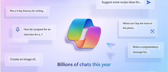 Gráfico colorido de burbujas de chat que representan una interfaz de asistente digital con el texto "miles de millones de chats de este año.
