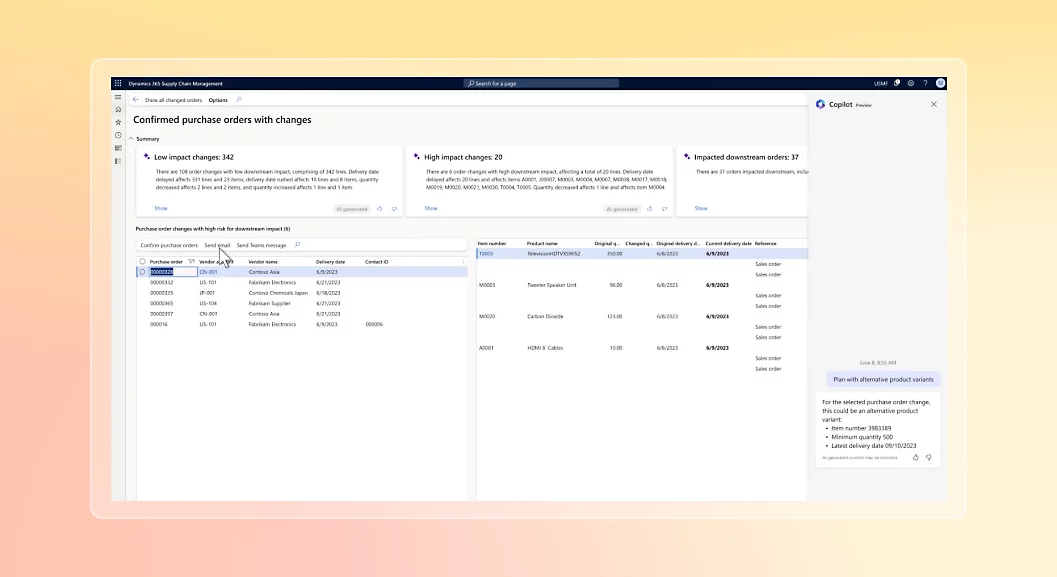 Dynamics 365 的窗口显示已确认的采购订单和更改