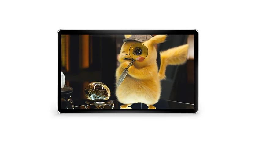 TV screen showing a mouse on a table holding a magnifying glass.