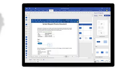 A pad of paper, a pen, and a tablet device showing process diagrams in Word.