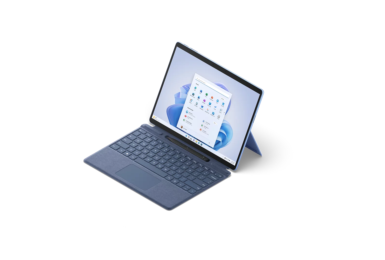 A 3/4 view from above of Surface Pro 9 in Sapphire with a Surface Type Cover attached.